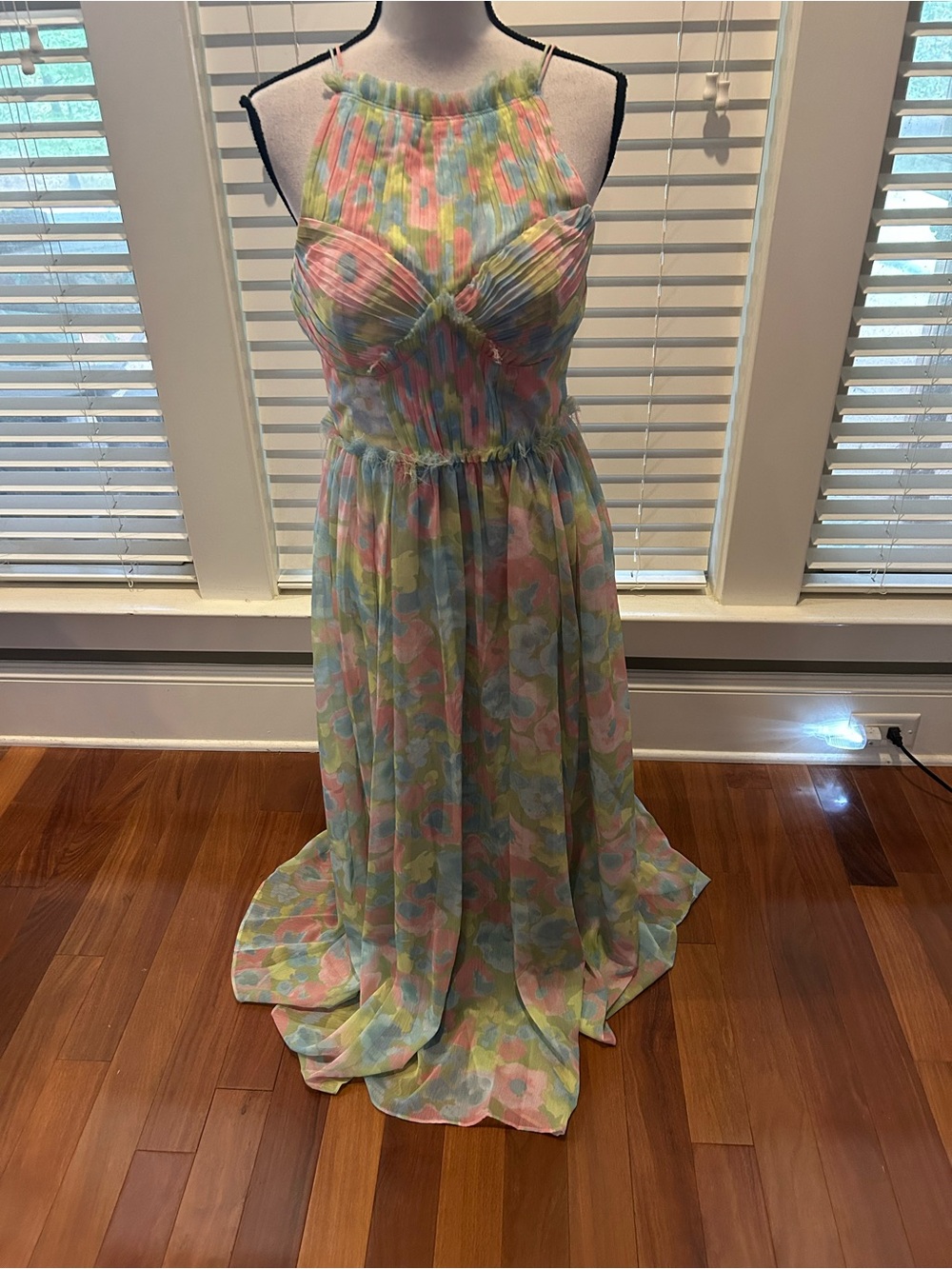 J. Mendel Pastel Floral Chiffon Maxi Dress in Pink, Blue & Green
